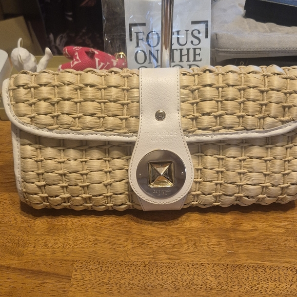 Kate Spade Tan and White Woven Clutch